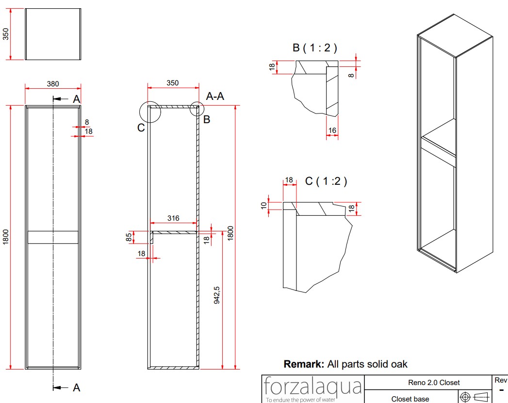Forzalaqua Reno kolomkast 40x35x180cm pure walnut