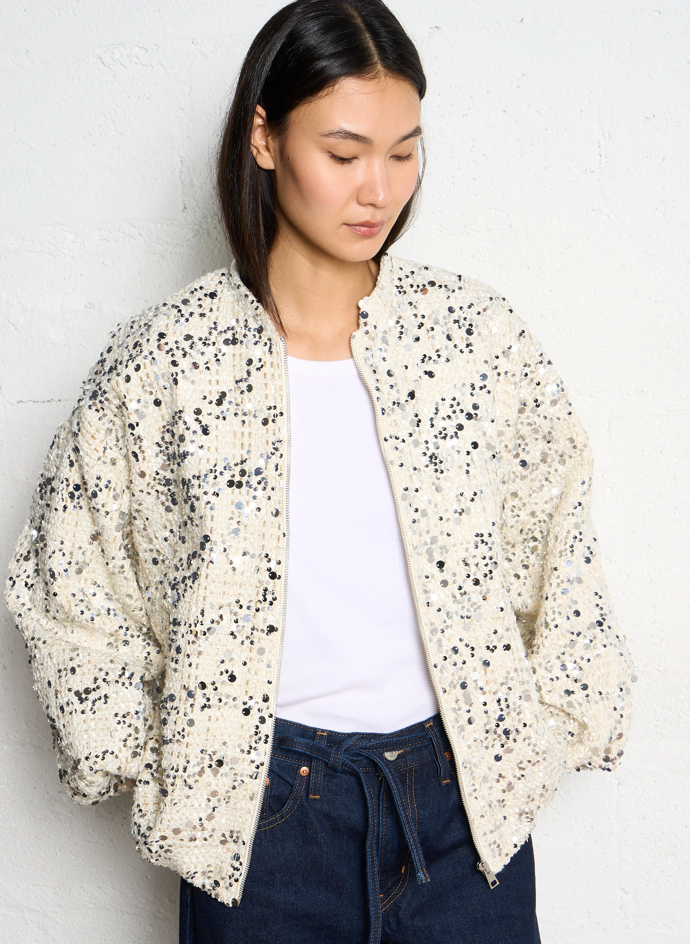 Blouson col montant à sequins | Beige