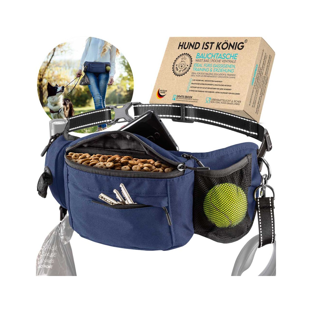HUND IST KÖNIG ® Bauchtasche für Leckerlis & Hundezubehör dunkelblau