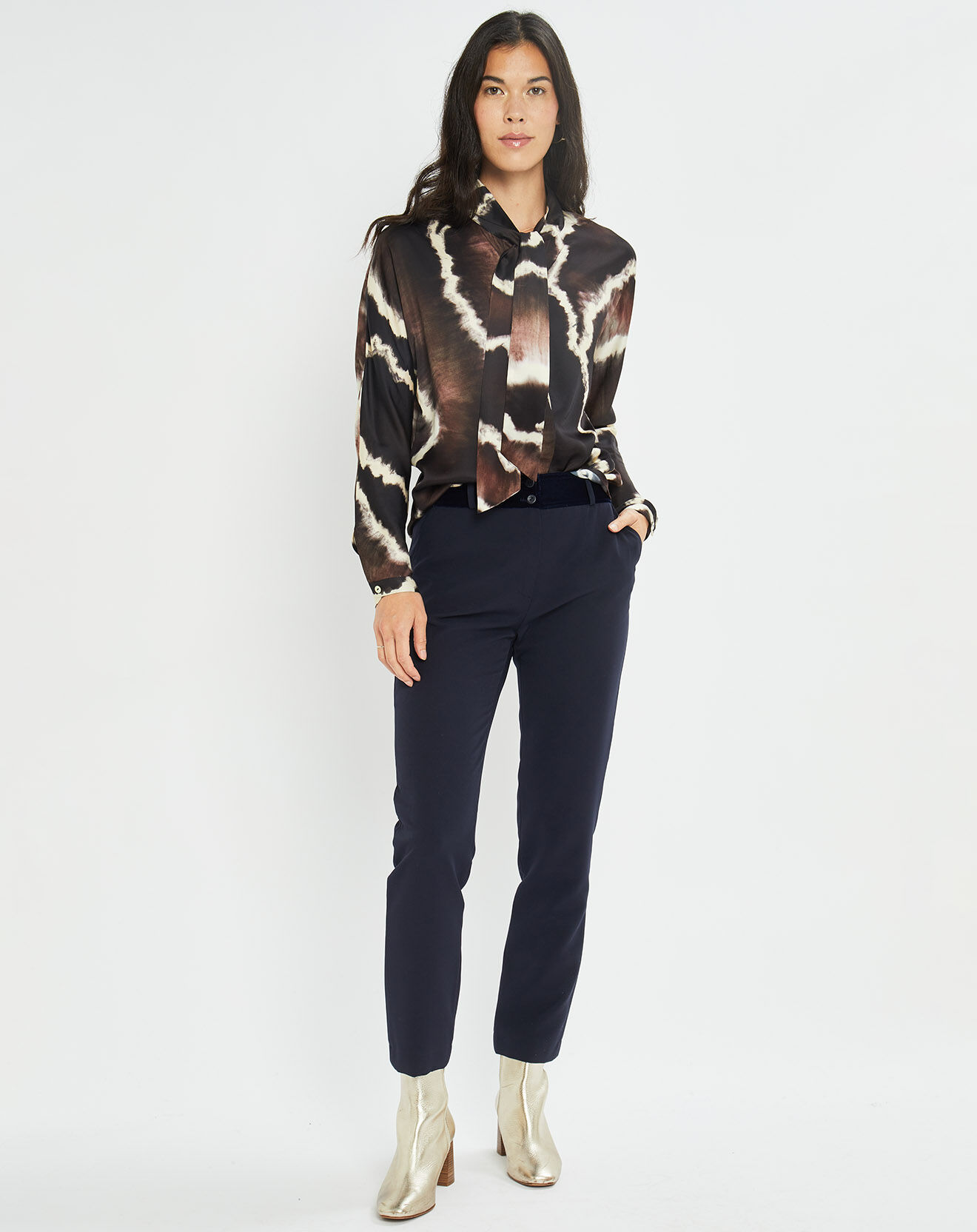 Lauren Vidal Chemise satinée Plume imprimée café