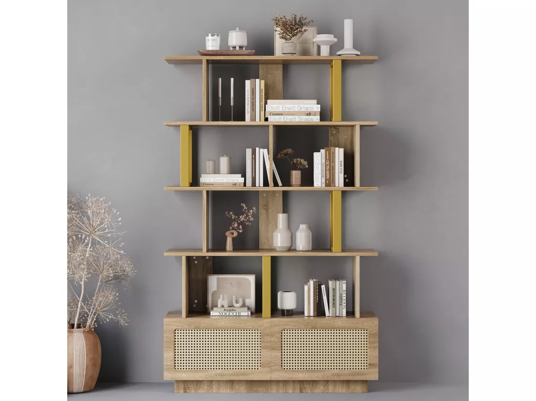Bibliothèque avec 2 portes en rotin et étagères ouvertes - 105 x 31,7 x 160 cm - Panneaux de particules et métal - Chêne