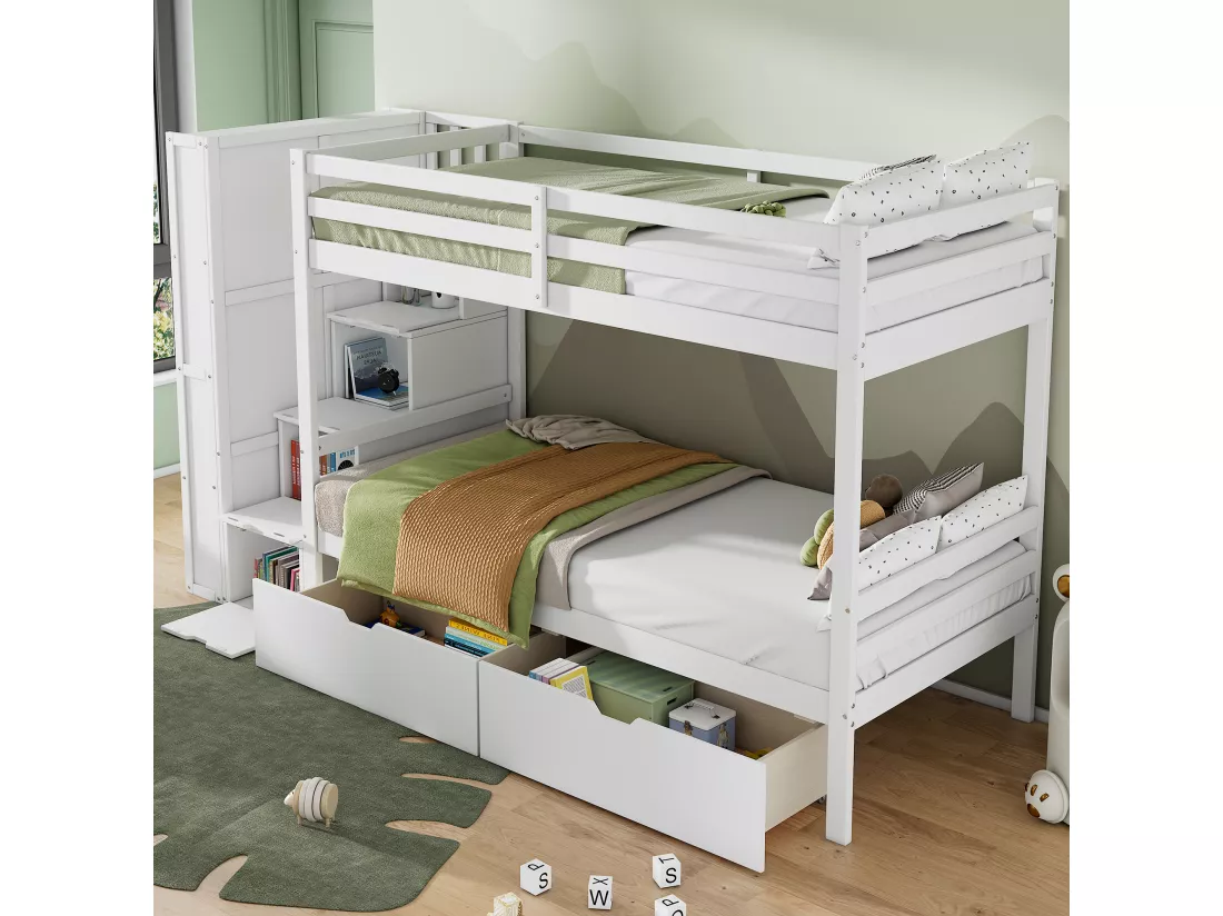 Lit superposé avec 2 tiroirs + escalier de rangement + étagères - 90x200 cm - en bois de pin - Blanc