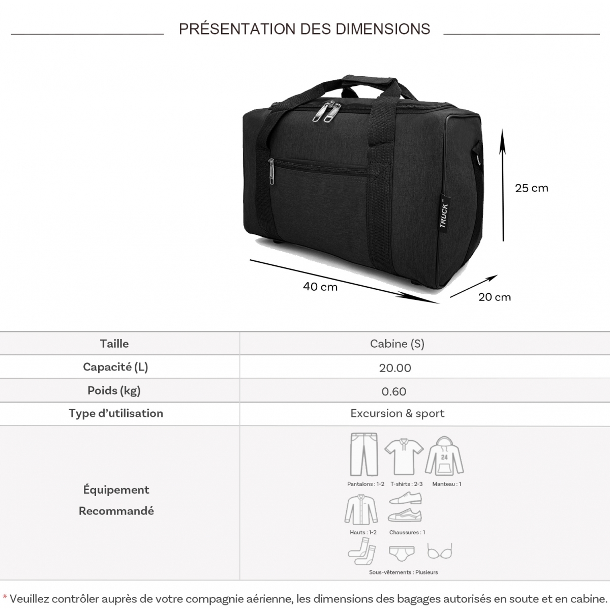 Truck Sac de voyage 20L week-end et sport Truck polyester format Ryan Air sans roulettes