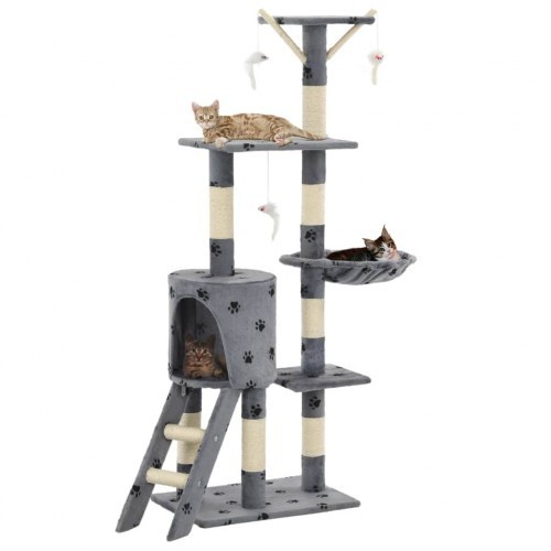 Arranhador para gatos com sisal e estampa de patas cinzentas.