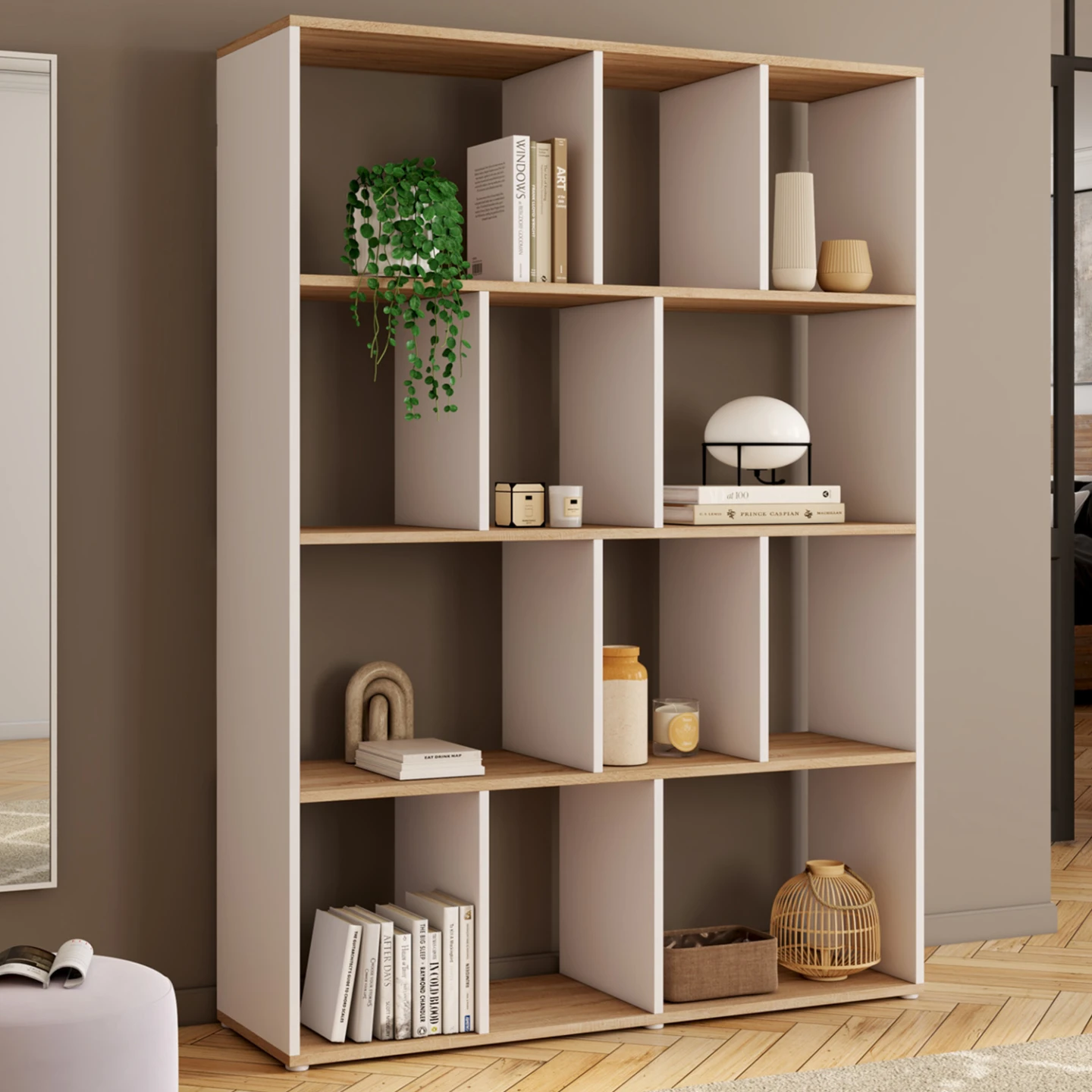Etagère bibliothèque JENA 4 niveaux blanc et effet bois H.143 cm
