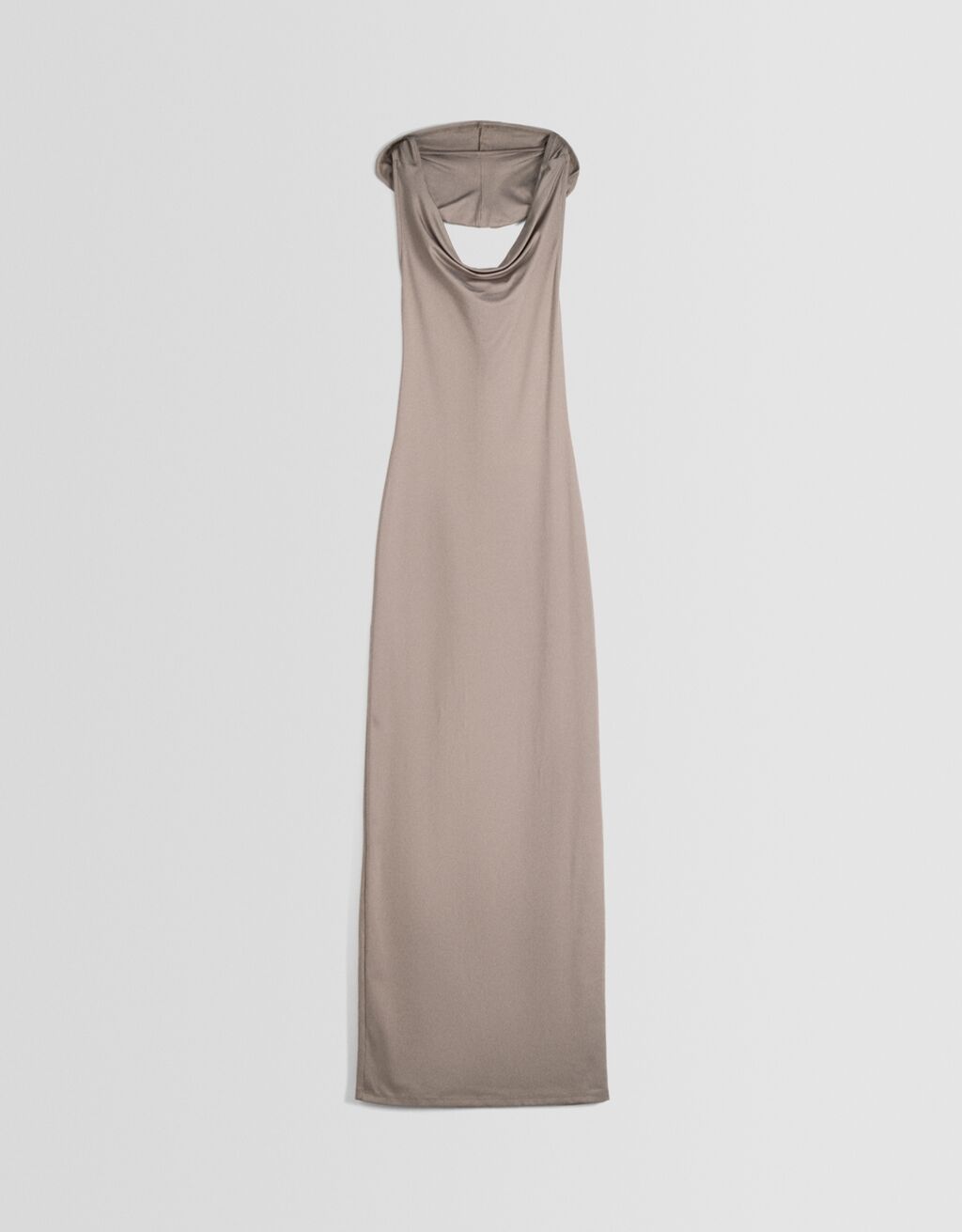 Vestido longo sem mangas com capuz aberto nas costas
