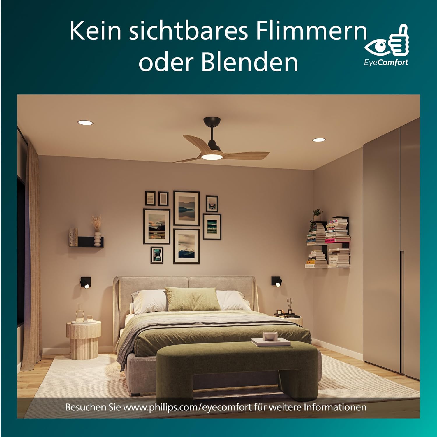 Philips Olas Deckenventilator, 3 Flügel, 106cm ⌀, Gleichstrommotor, Farbtemperaturbereich (3000K-4300K-6500K), dimmbar, inkl. Fernbedienung, schwarz-Holz