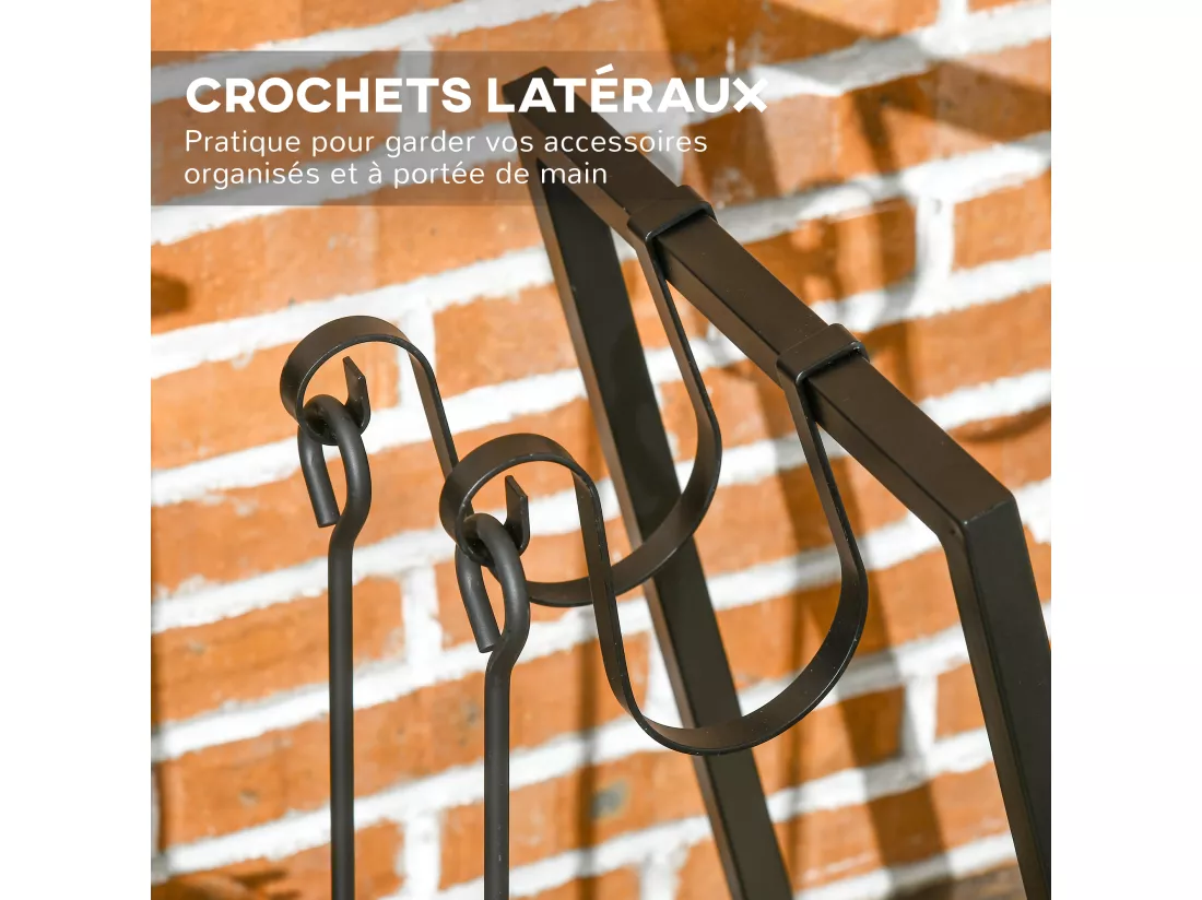 Range-bûches porte bûche range bois de chauffage en acier design trapézoïdal avec 2 crochets et étagère inférieure pour intérieur et extérieur 45 x 32 x 58 cm noir