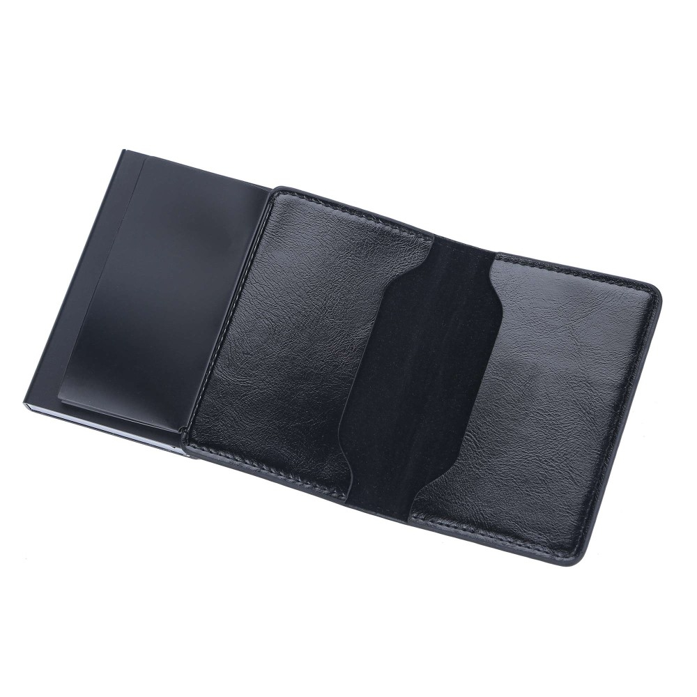 Mini Kreditkarten Leder Etui Geldbörse mit Kartenauswurf-Mechanismus für 10 Karten (RFID Schutz) - Schwarz