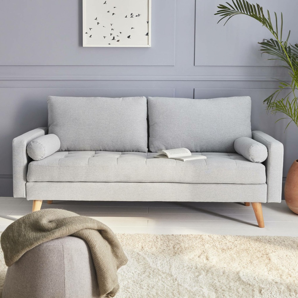 Canapé en tissu gris clair. 3 places scandinave fixe. Droit. Pieds bois