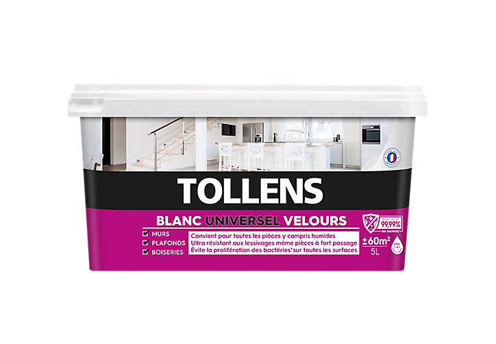 Peinture murs plafonds et boiseries Tollens blanc universel velours 5L