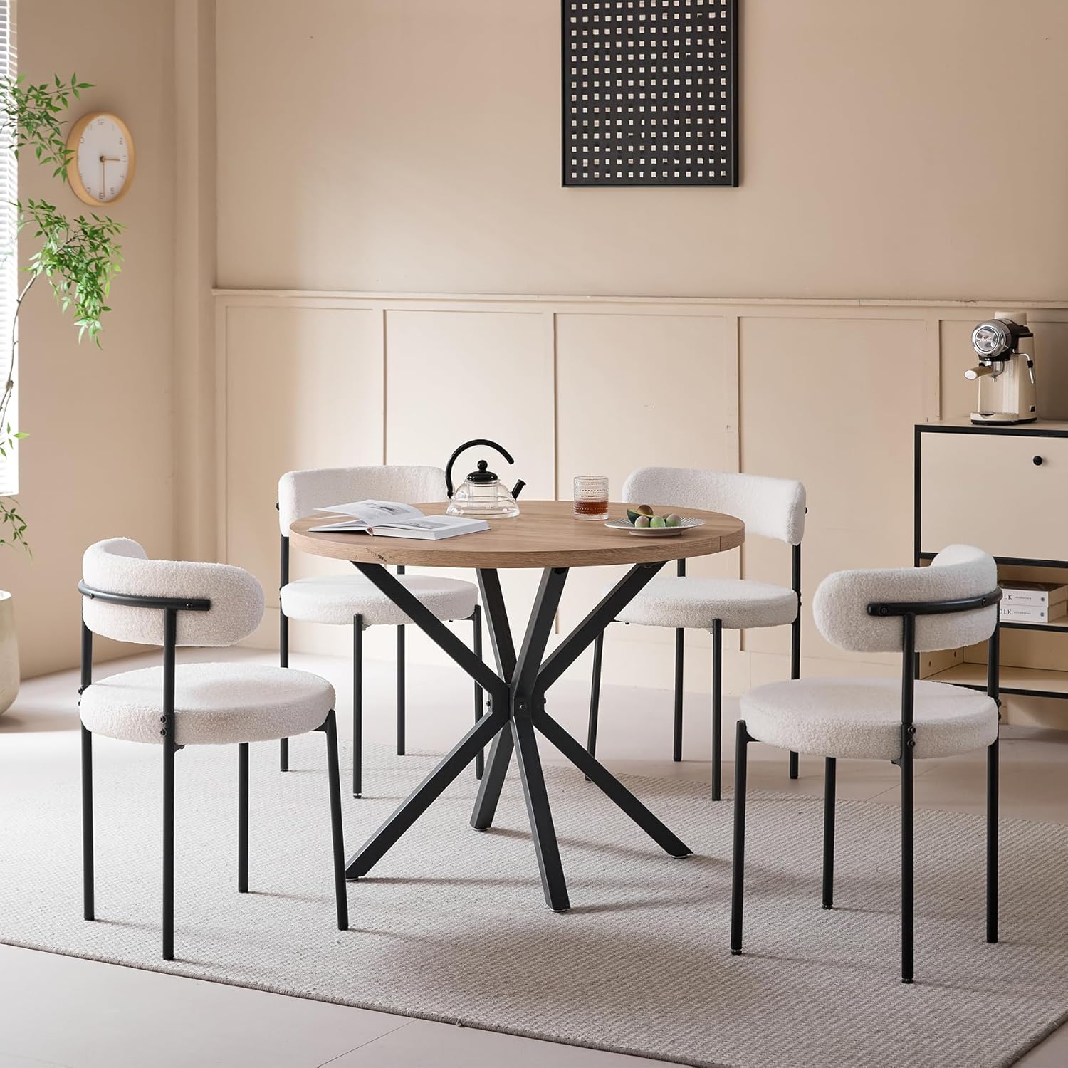 Essgruppe Set Tisch und Stühle, 100cm Runder Esstisch mit 4 Esszimmerstühlen, Tisch und 4 Stühle für Küche, Wohnzimmer, Balkon, Restaurant, Büro (Helle Holzfarbe+Weiß)