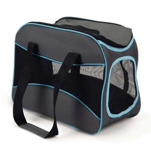 Bolsa de viagem para animais de estimação em nylon, preta e azul.