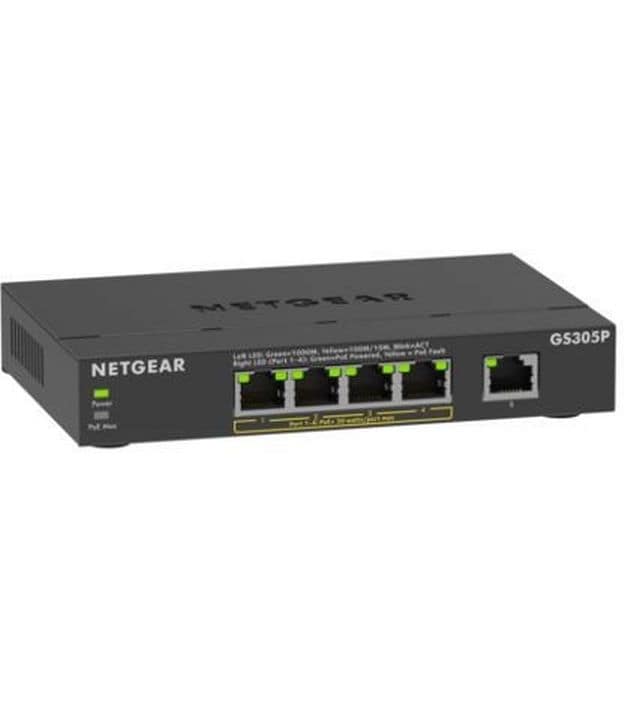 Netgear PoE Switch GS305Pv3 5 Port, PoE Budget: 63 W Kompakter, lüfterloser 5-Port Gigabit PoE  Switch für kleine Büros, IP-Kameras und VoIP-Telefone
