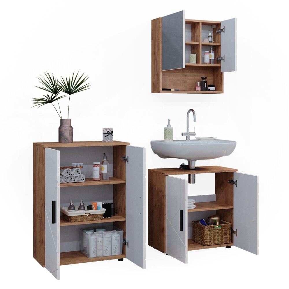 Vicco Badmöbelset Irma Eiche Weiß Hochglanz modern Badezimmerschrank Badschrank Badezimmermöbel Waschtischunterschrank Spiegelschrank Kommode Schranktür Schrankfach