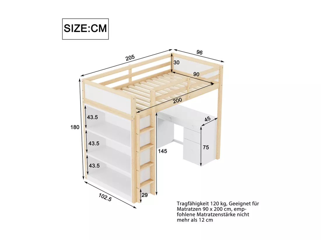Lit superposé enfant 90 X 200 cm, avec armoire de rangement et bureau d'ordinateur, couleur bois originale