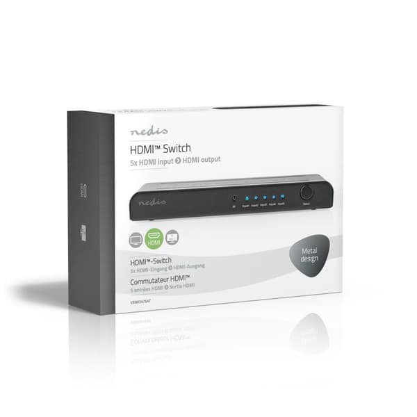 Nedis HDMI ™ Switch | 5-Port port(s) | 5x HDMI™ Inngang | 1x HDMI ™ -utgang | 4K@60Hz | 18 Gbps | Fjernstyrtkontrolert | Metall | Antrasitt