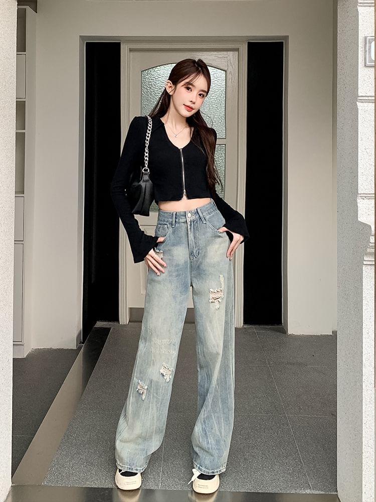Wisjam - High Rise Ripped Washed Wide Leg Jeans