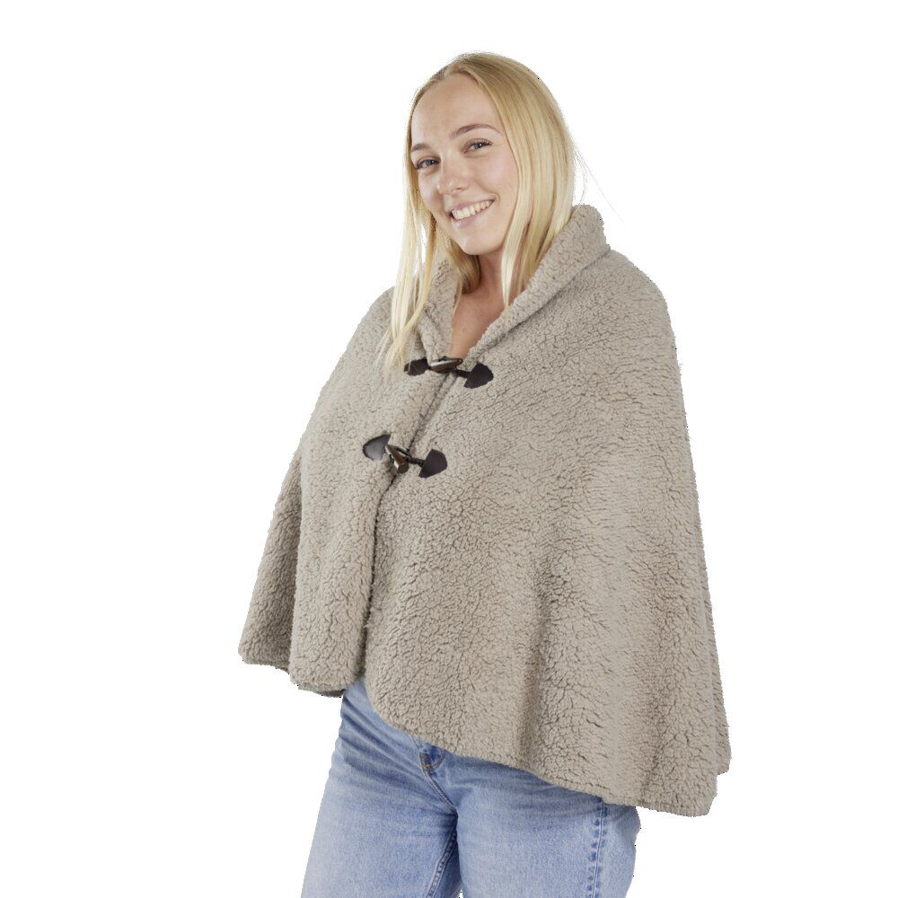 Veste plaid châle moutonné marron 75x150cm avec boutons à brandebourg