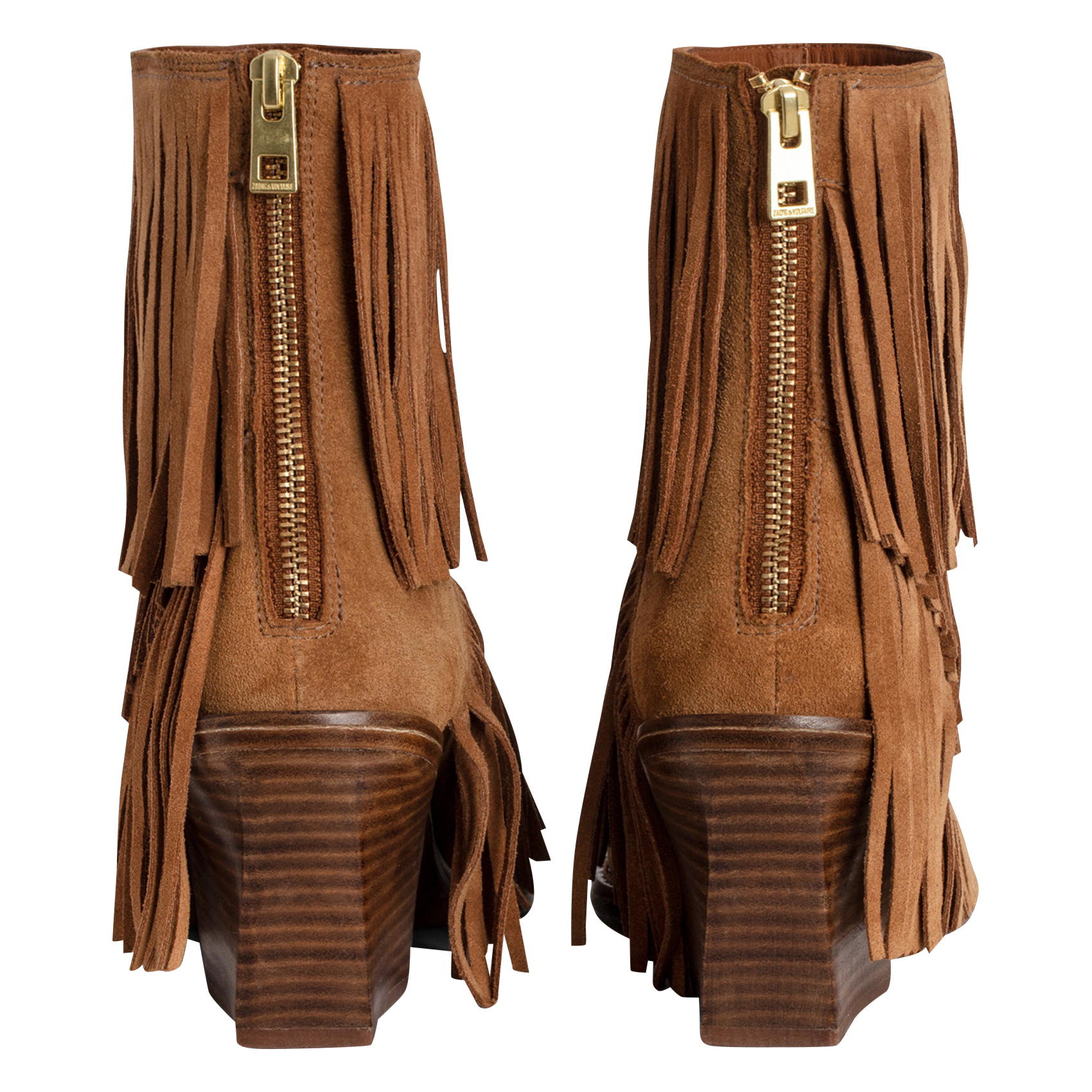 CARA - Bottines en cuir velours frangées | Marron