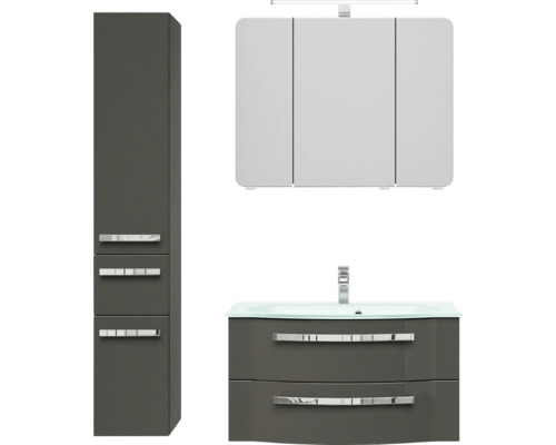 Badkamermeubelset Pelipal serie 4005, afmetingen (B x H x D): 122 x 200 x 49,1 cm, fronten in hoogglans grijs. 4-delige badkamermeubelset bestaande uit een witte glazen wastafel, badmeubel, spiegelkast met LED-verlichting, glazen wastafel en hoge kas