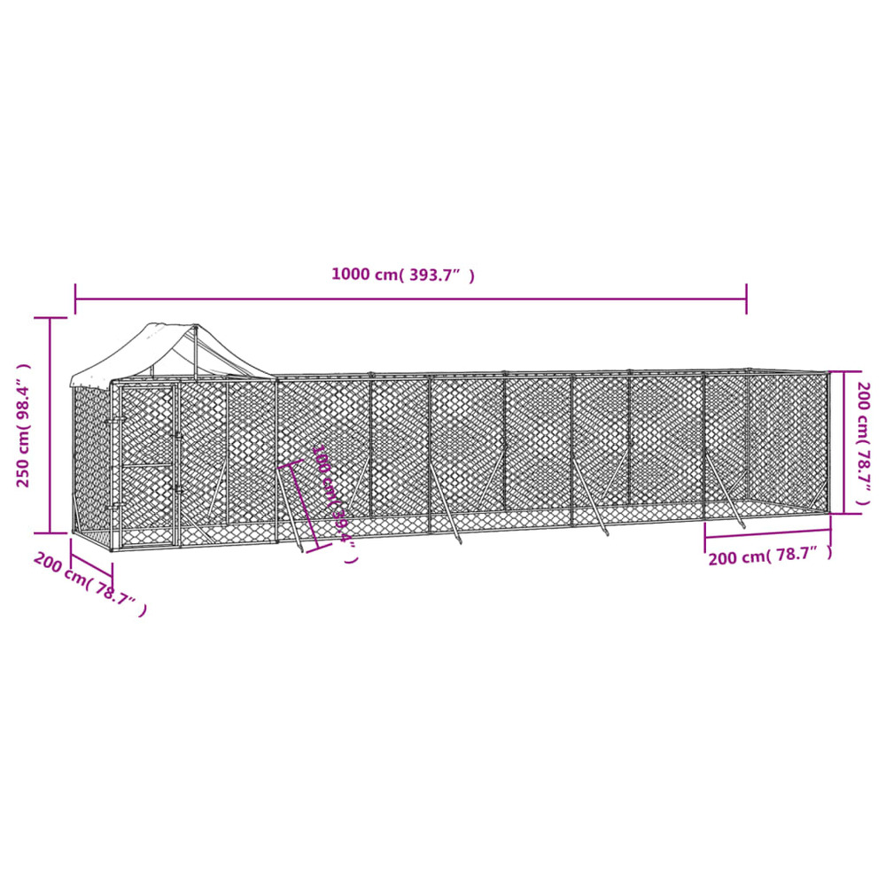 Chenil d'extérieur pour chiens avec toit argenté 10x2x2,5 m