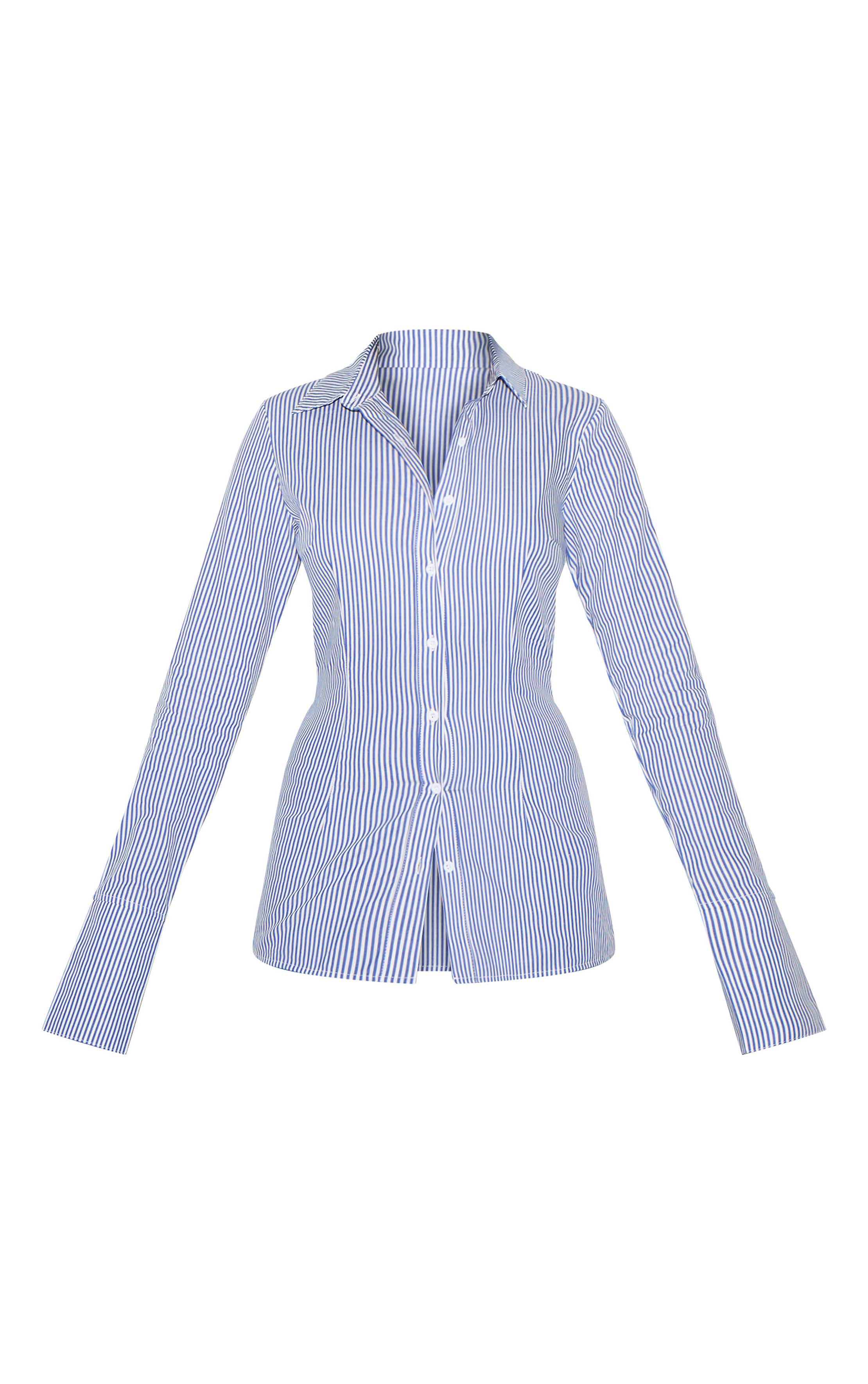 Bleu Chemise Cintrée Tissée À Fines Rayures