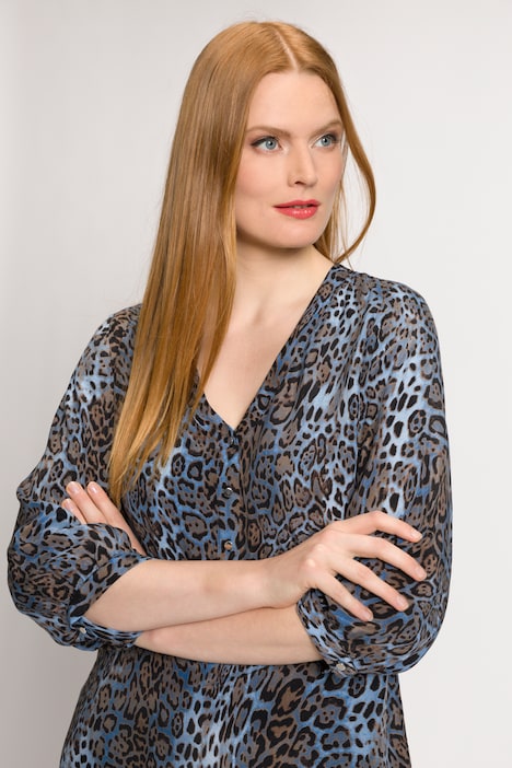 Cupro-Kleid, Leo-Design, V-Ausschnitt, 3/4-Arm