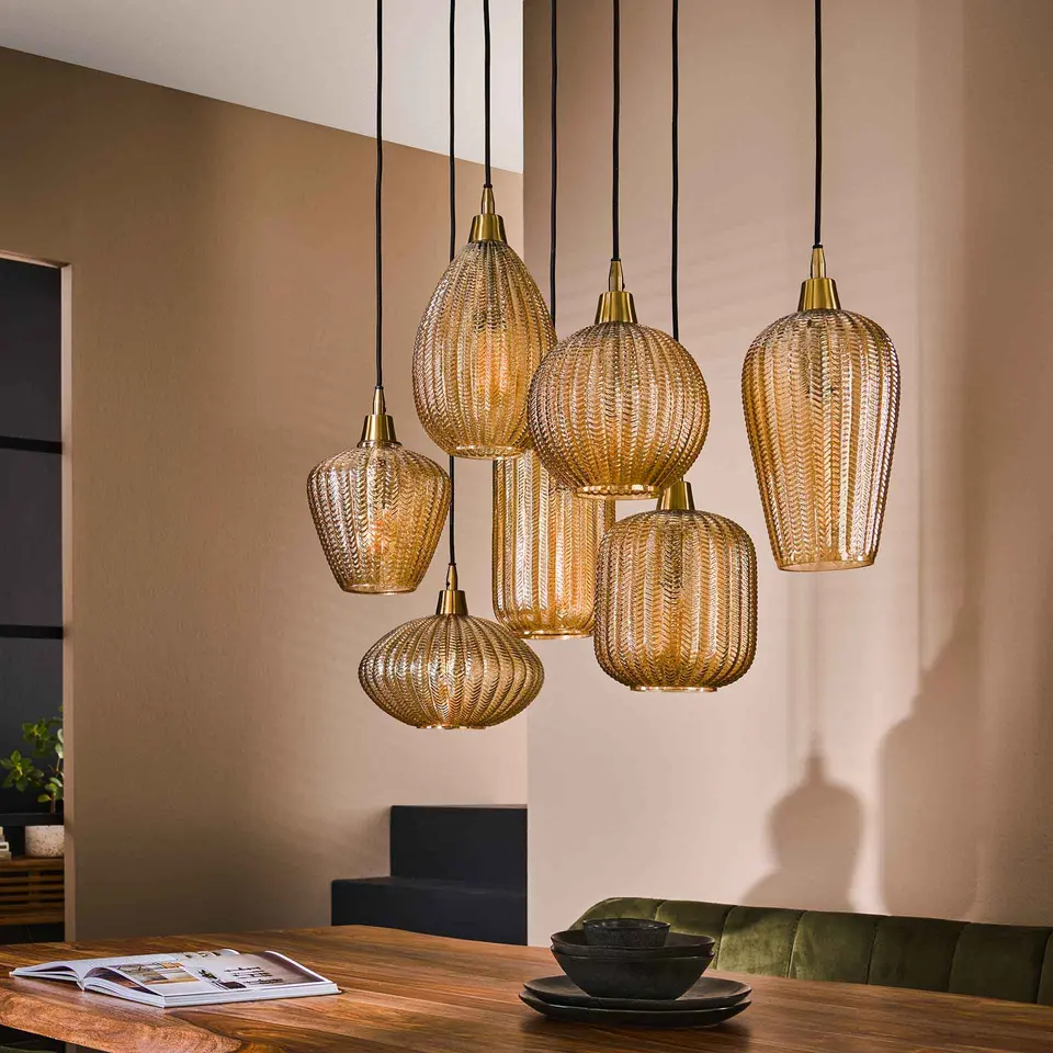 Industriële hanglamp Olaf amber 7-lichts glas - 38x95x150 cm - Amber color glas