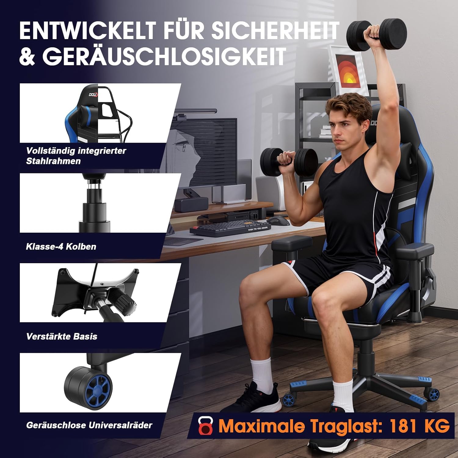 Douxlife Gaming-Stuhl mit Knetmassage und Heizfunktion, Ergonomischer Bürostuhl mit Fußstütze, 90°-175° Verstellbar, Gepolsterte 2D-Armelehnen, Gamer Sessel PC Stuhl, 181KG, Blau