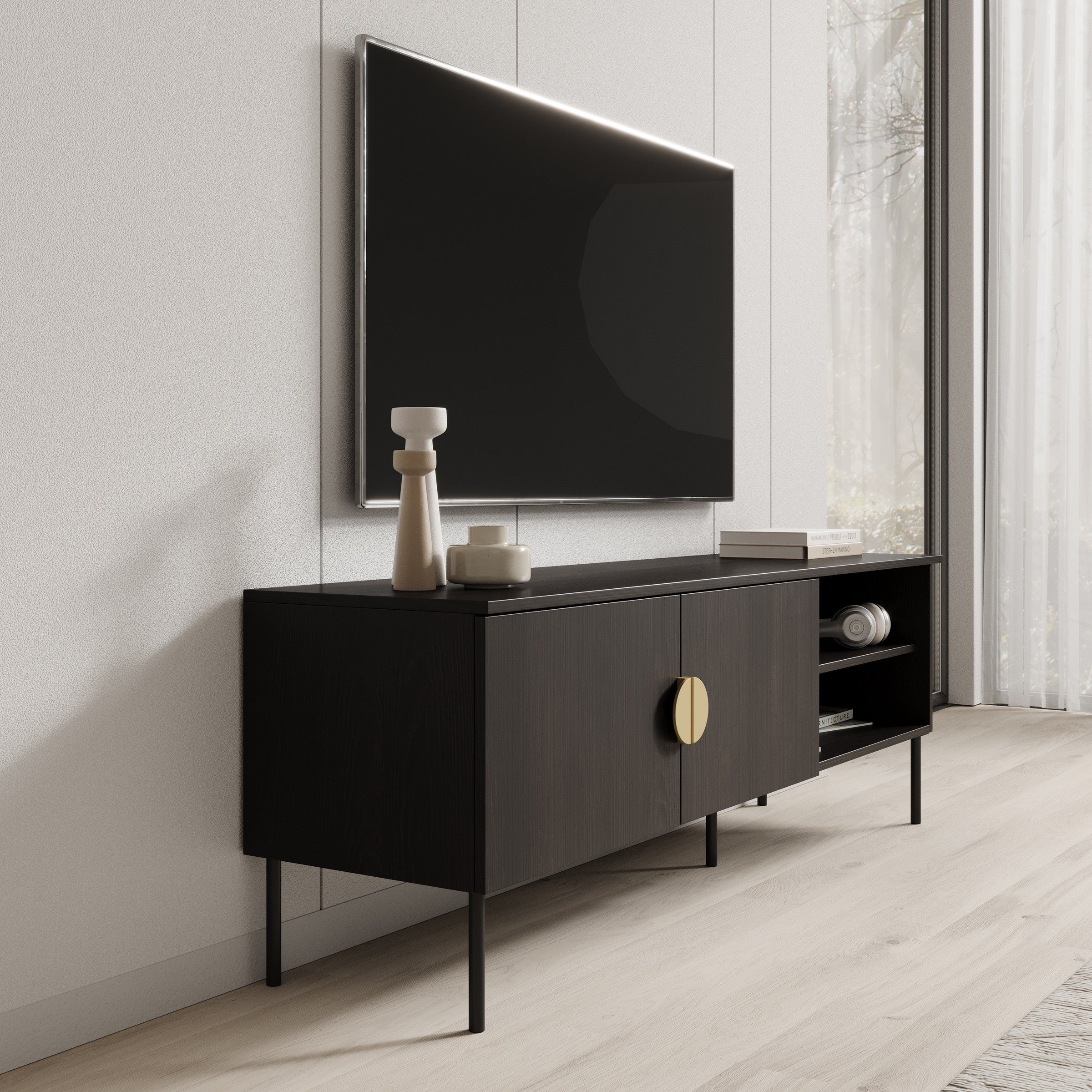 Meubella - TV-Meubel Monor - Zwart eiken - 160 cm