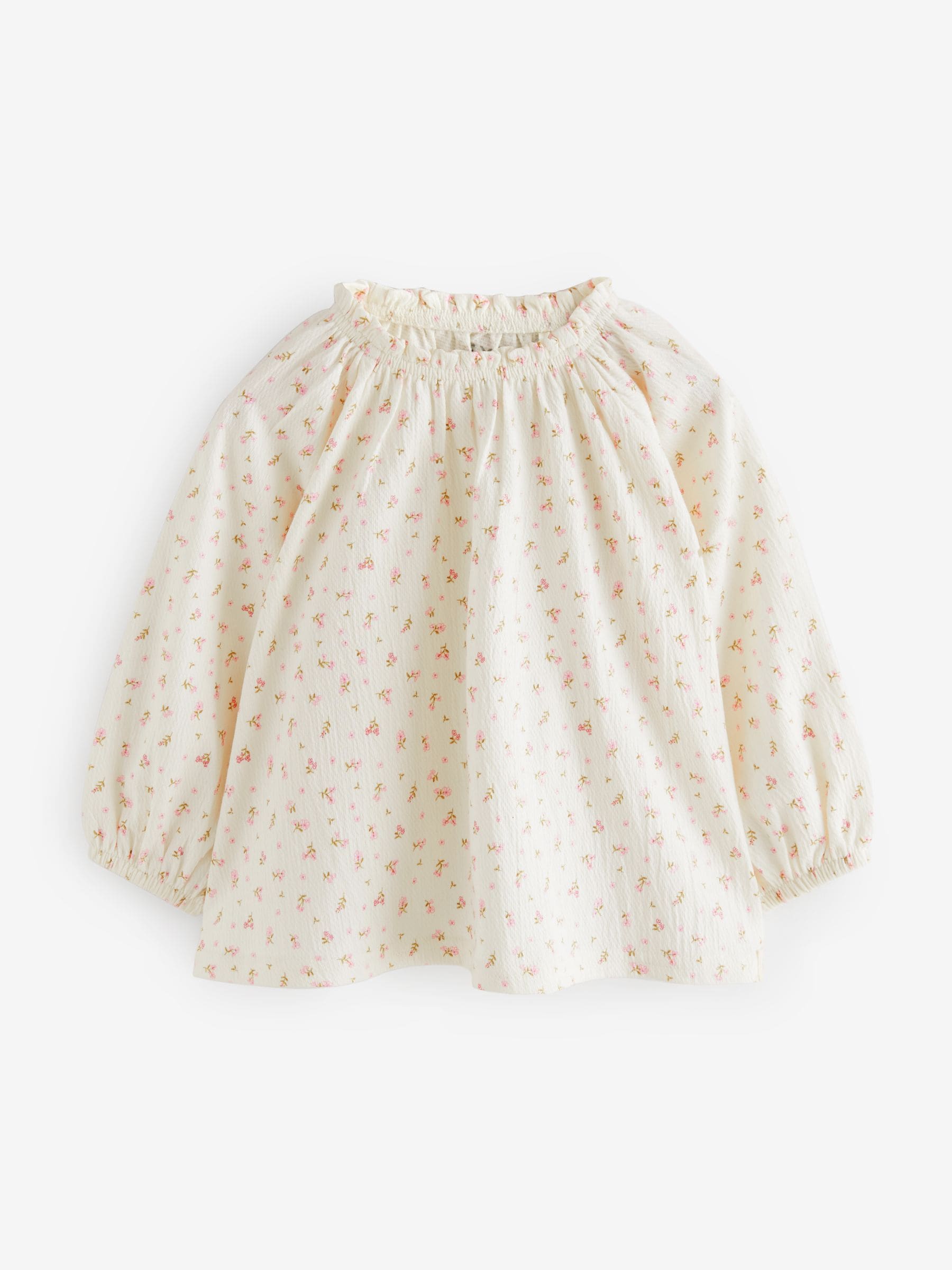 Crèmekleurige fijne bloemenprint - Blouse met lange mouwen en geplooide hals (3mnd-7jr)