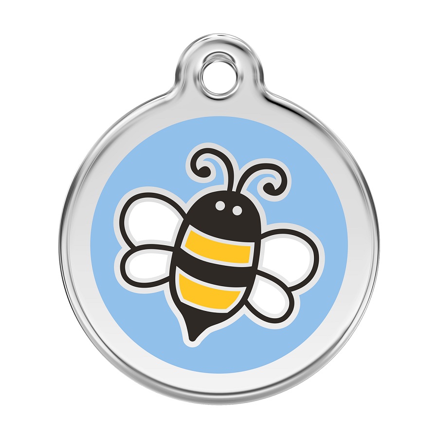 Placa de identificação para cães em aço inoxidável esmaltado azul claro com abelha
