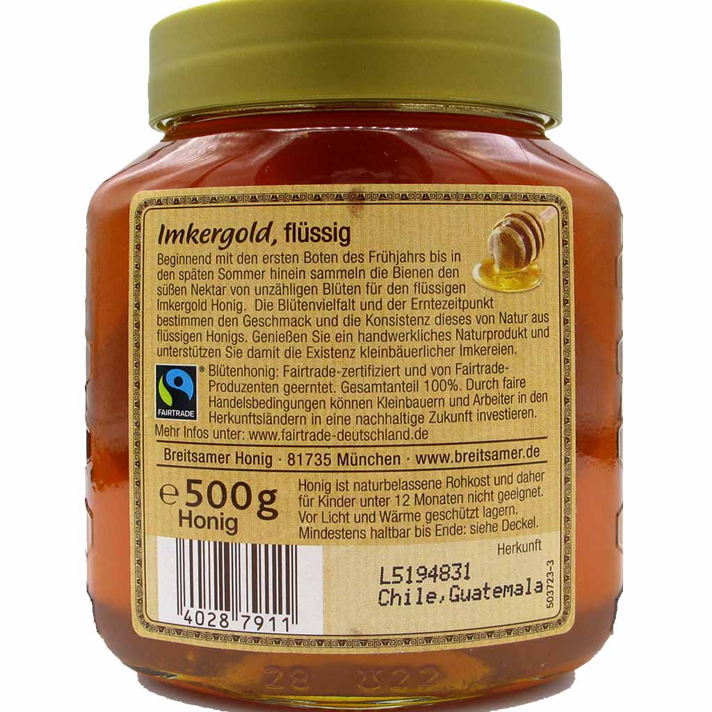 Breitsamer Honig Imkergold Flüssig Fairtrade 500g MHD:30.8.26