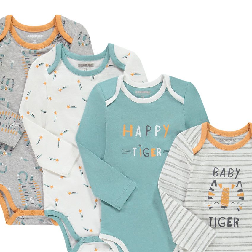 Lot de 7 bodies manches longues imprimés tigres pour bébé garçon - Ecru