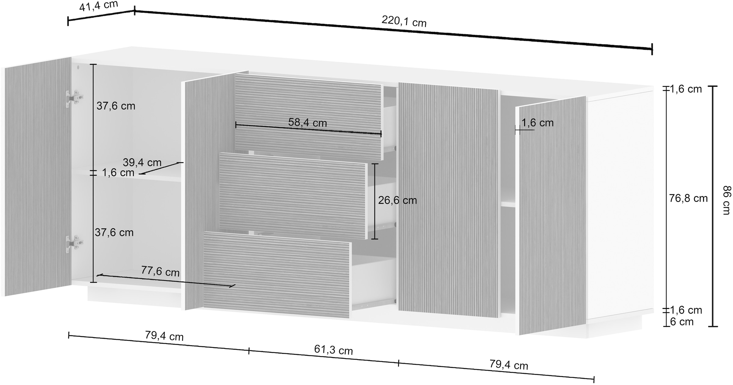 INOSIGN Sideboard »Vega Sideboard,Kommode,220 cm« mit 4 Türen und 3 Schubladen,Fronten mit Rillen-Optik