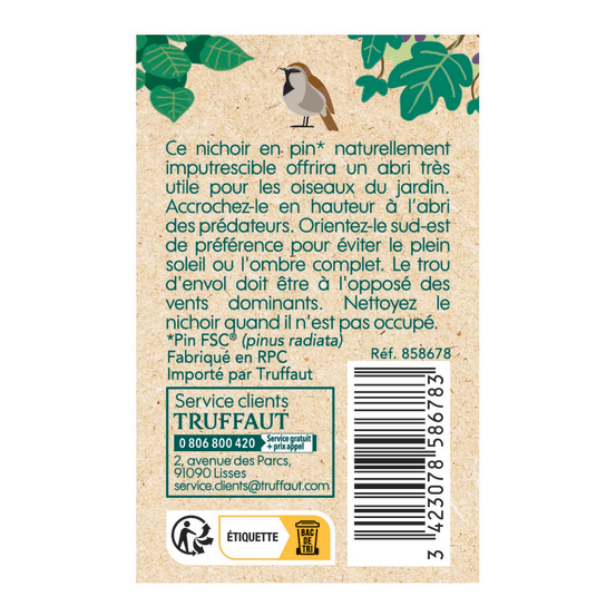 Nichoir Oasis en pin pour oiseaux du jardin - L.14 x l.7.5 x H.15.5 cm