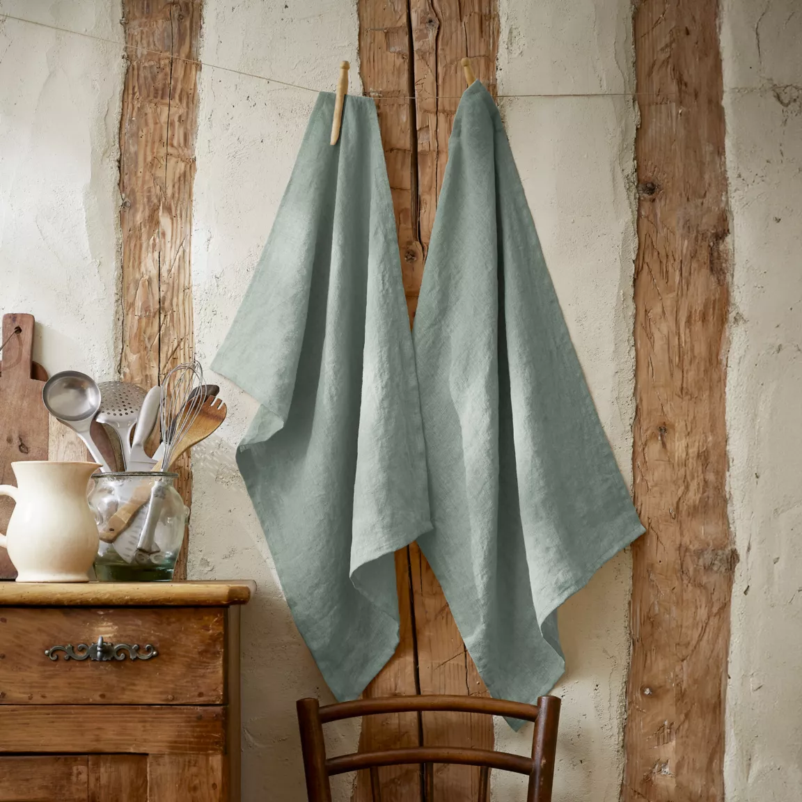 Lot de 2 essuie-mains lin lavé (50 x 70 cm) Louise Vert eucalyptus