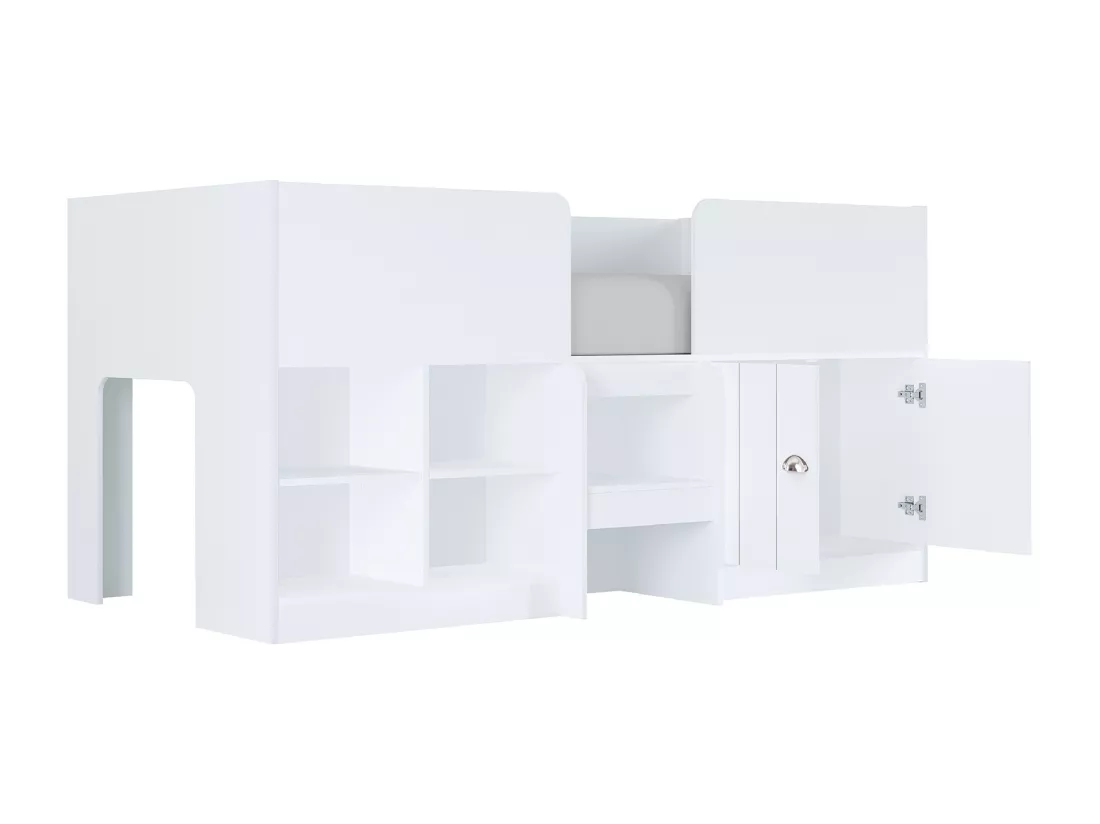 Lit mi-hauteur 90 x 190 cm avec rangements - Coloris : Blanc + Matelas - BOUTANIO