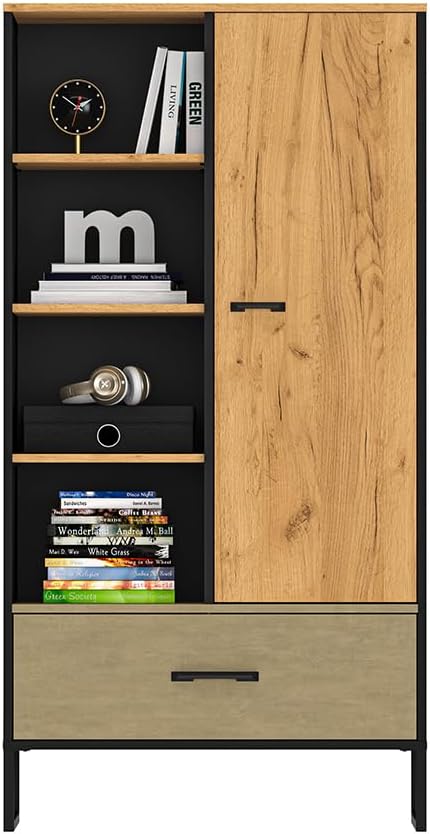Lomadox Jugendzimmer Set 2-teilig mit Schreibtisch, Highboard, Kommode in Eiche schwarz Sandfarben modern