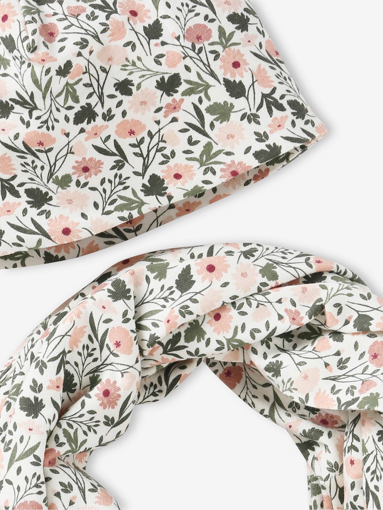 Conjunto com estampa floral para meninas: chapéu + cachecol bege