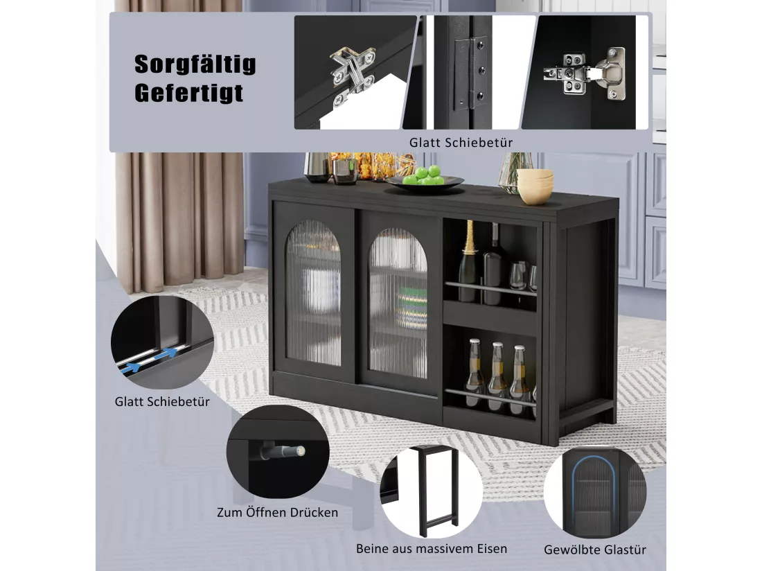 Meuble de bar extensible pivotant, table à manger - 2 portes coulissantes en verre et 2 étagères - Bois MDF - 115 x 40 x 74.5 cm - Noir