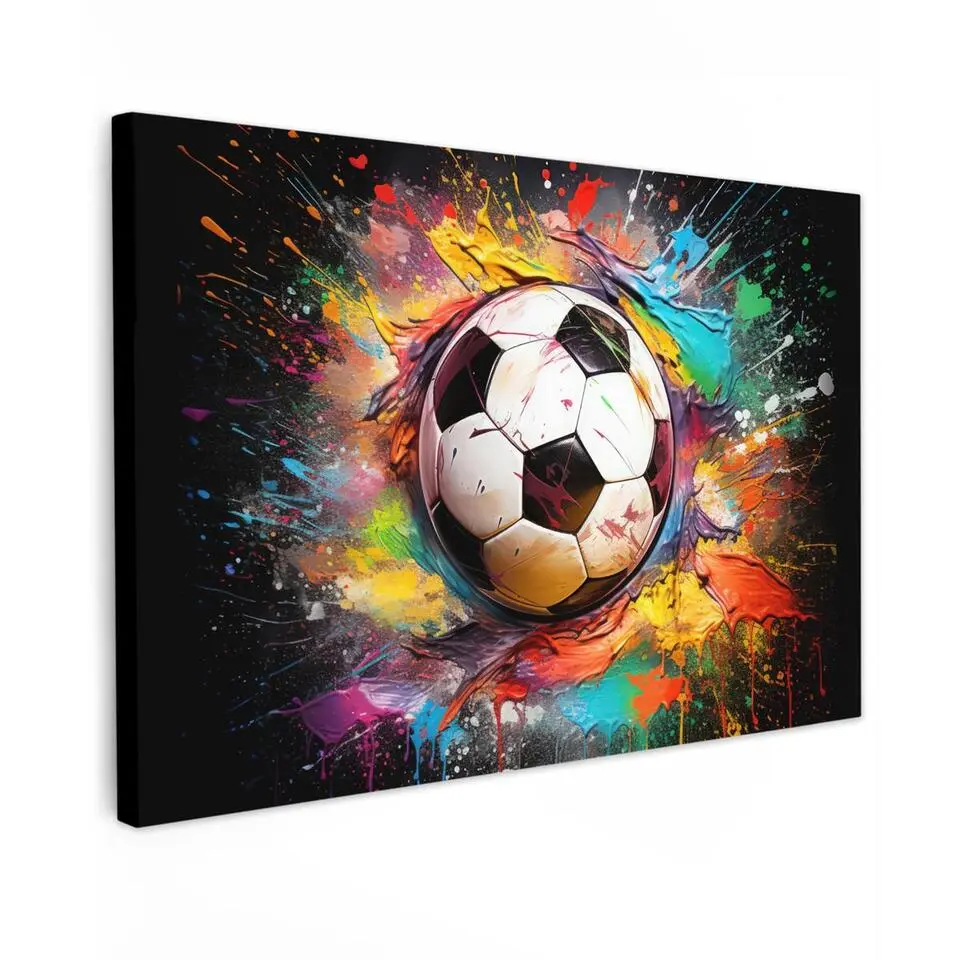 MuchoWow Canvas Schilderij 120x80cm Voetbal Verf Kleuren Zwart