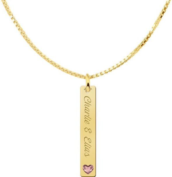 Gouden Bar naamketting hanger met gravure met hartjes steen Names4Ever