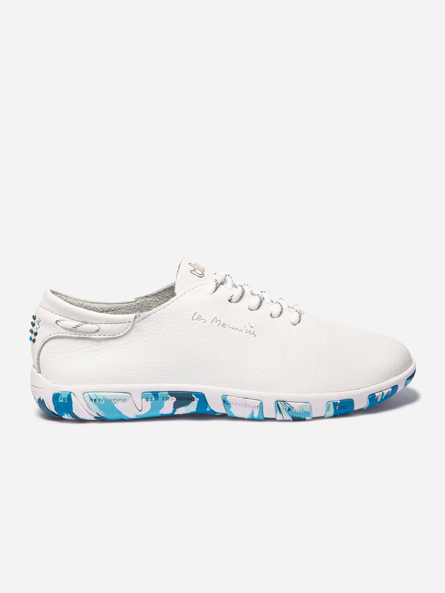 Tennis Femme Confort Cuir Blanc Semelle Bleue