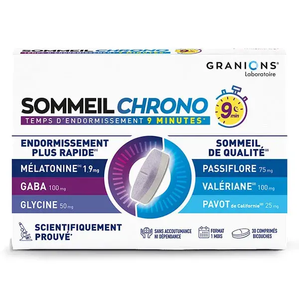Granions Sleep Chrono 9min - Melatonina 1,9 mg, Valeriana, Passiflora, GABA - 30 comprimidos