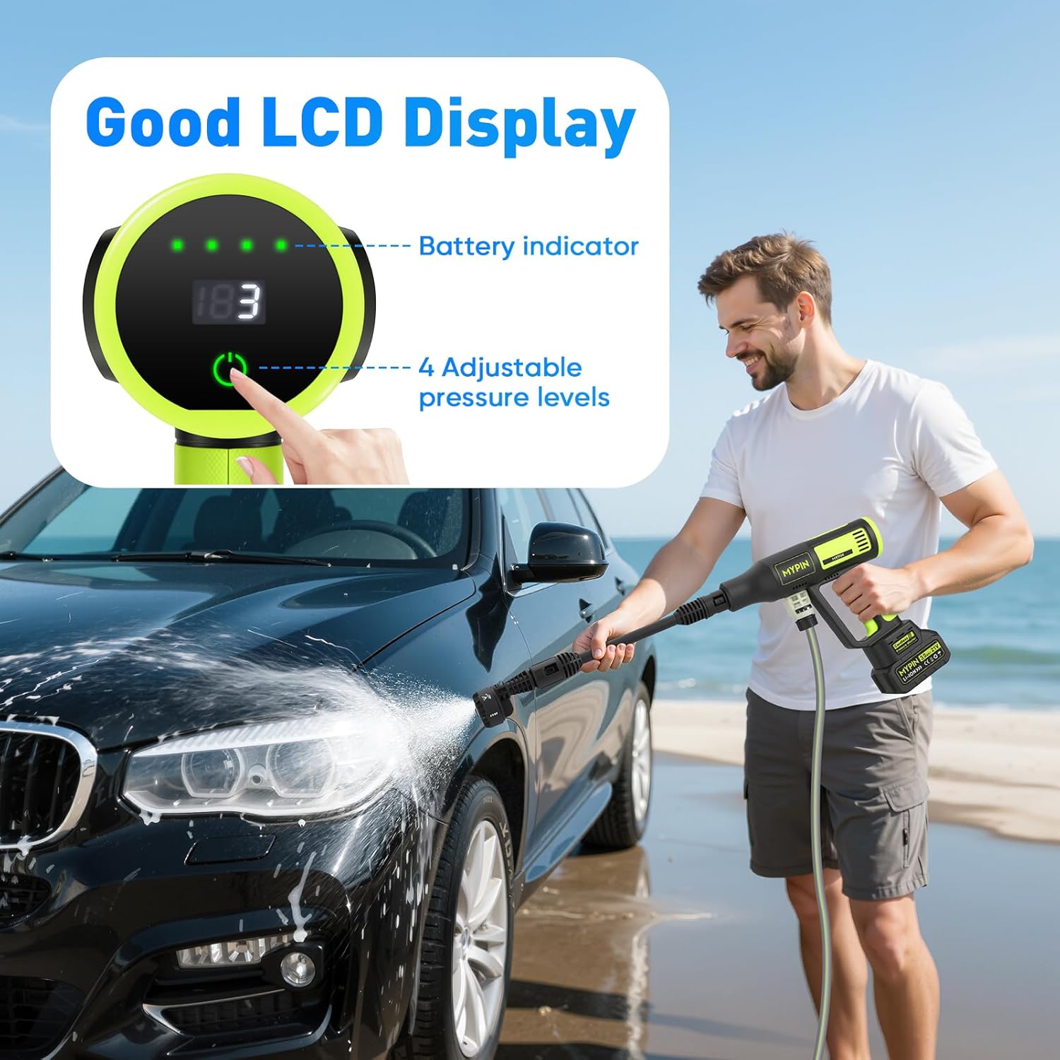 MYPIN Upgraded LCD Display Tragbarer kabelloser Hochdruckreiniger, 725 PSI 21V 2 Batterien Wiederaufladbarer Akku Druckreiniger, 6-in-1 Düse für Auto Boden Wand Zaun Reinigung