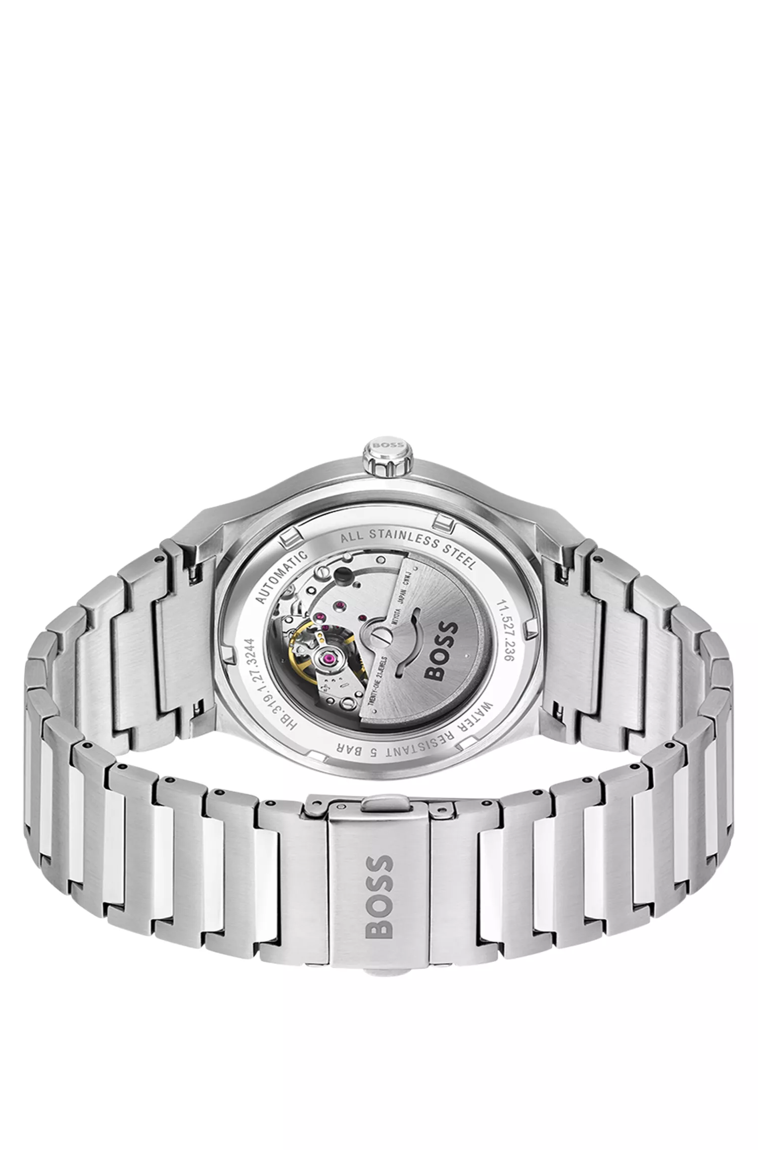 Relógio automático BOSS com pulseira de elos pretos e mostrador texturizado.