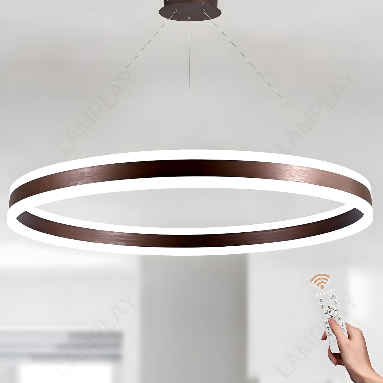 Runde Moderne LED-Pendelleuchte, 1 Braun Ring-Kronleuchter, Dimmbar Mit Fernbedienung 3000K-6000K Deckenleuchte, Höhenverstellbar, Foyer, Wohnzimmer, Schlafzimmer, Esszimmer(Ø100cm)