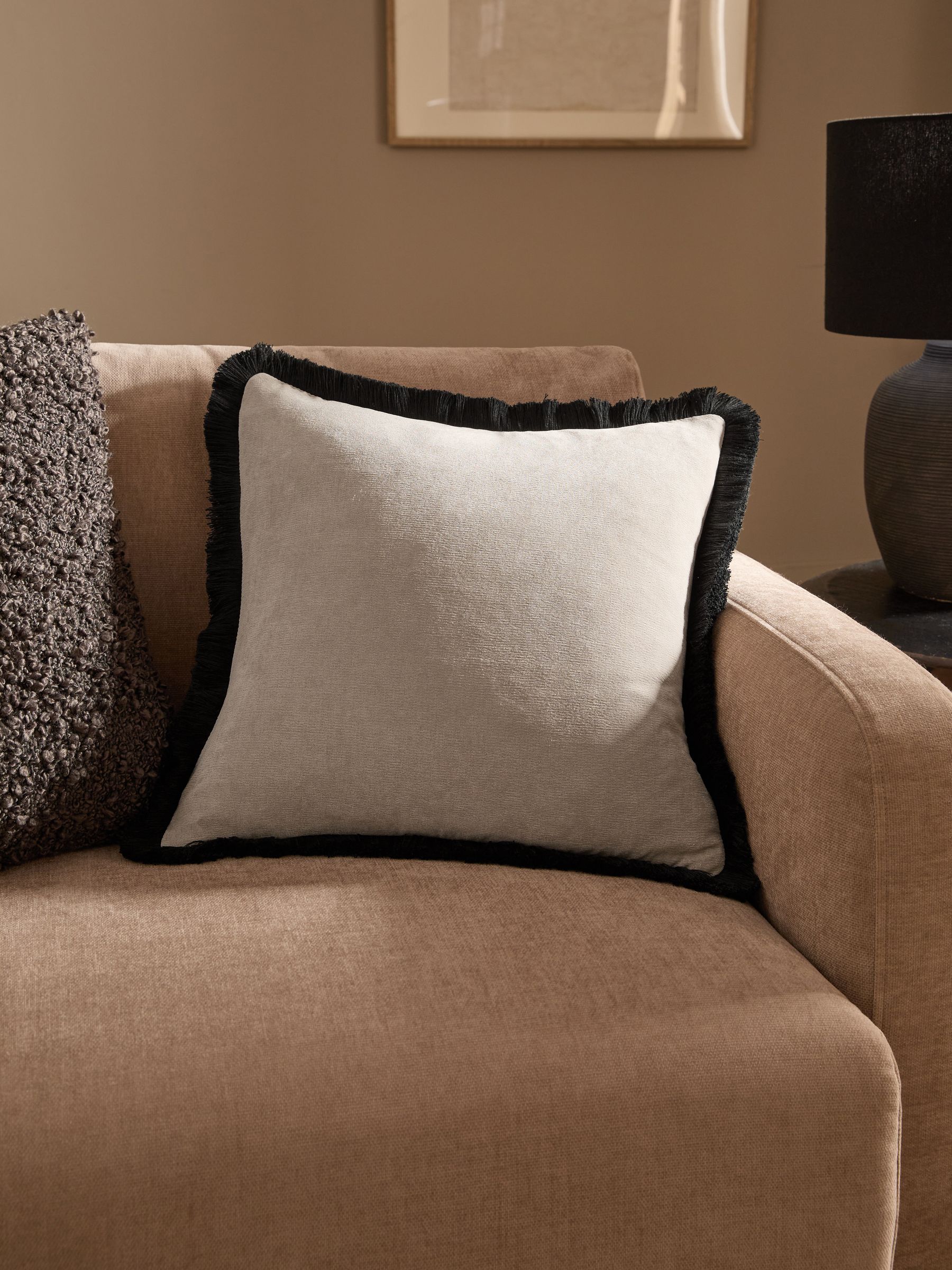 Soft Velour Contrast Fringe Cushion